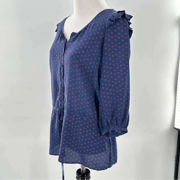 Petticoat Alley top S blue red 100% silk ruffle button down statement sleeves - Picture 8 of 12